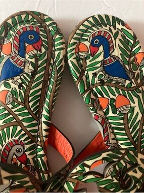 Tory Burch SZ 7M Peacock Wild Bird Print Slide Sandals in Green, Blue.Rare!